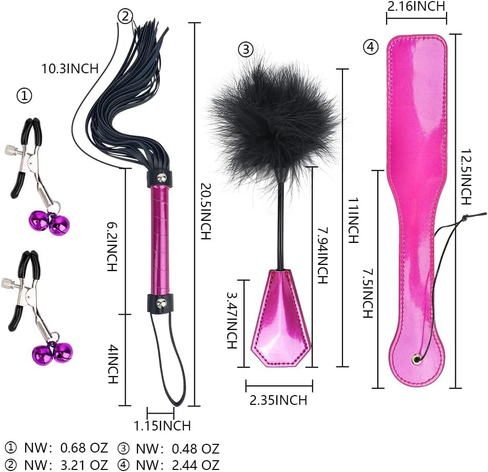 4PCS SM Bondage Set Sex Whip Adult Paddle Slap Leather Whip Flirting Feather Tickle and Bells Nipple Clamps for Adults Sex Games (Purple)
