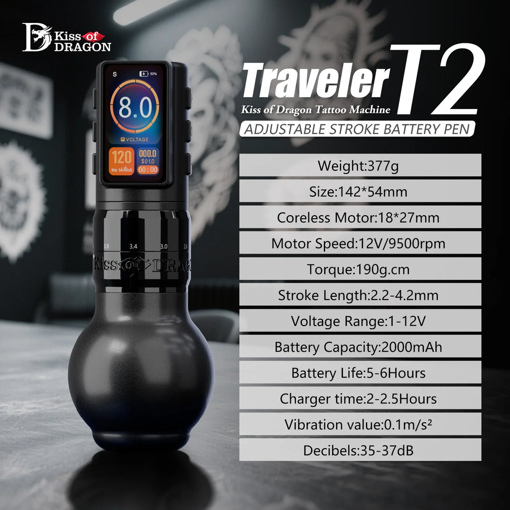 Traveler-T2 2025 Adjustable Stroke Wireless Tattoo Machine 2.2-4.2Mm Grip 54Mm+42Mm with 2000Mah Battery Capacity Pen