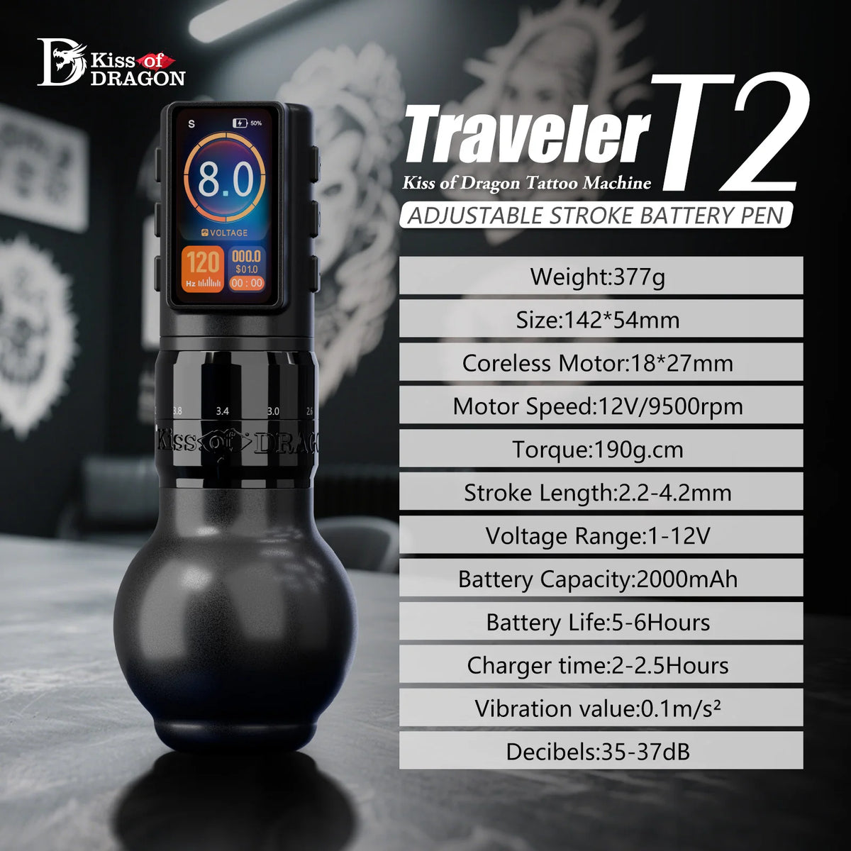 Traveler-T2 2025 Adjustable Stroke Wireless Tattoo Machine 2.2-4.2Mm Grip 54Mm+42Mm with 2000Mah Battery Capacity Pen