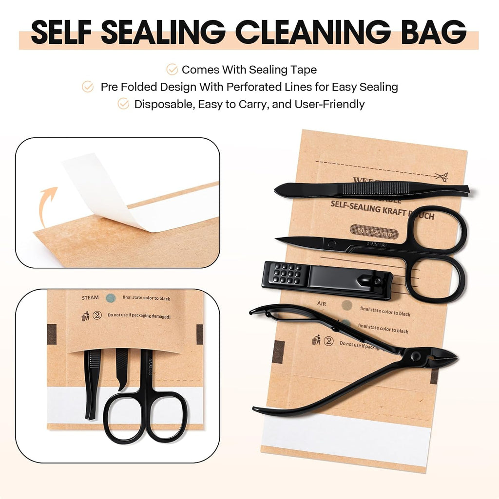 100Pcs Disposable Self-Sealing Cleaner Pouches for Nail Tool, Dry Heat Autoclave Nail Tools Cleaner Bags Kraft Paper Cleaning Bags for Dentist Tools and Nail Art Supplies (60Mm X 120Mm)