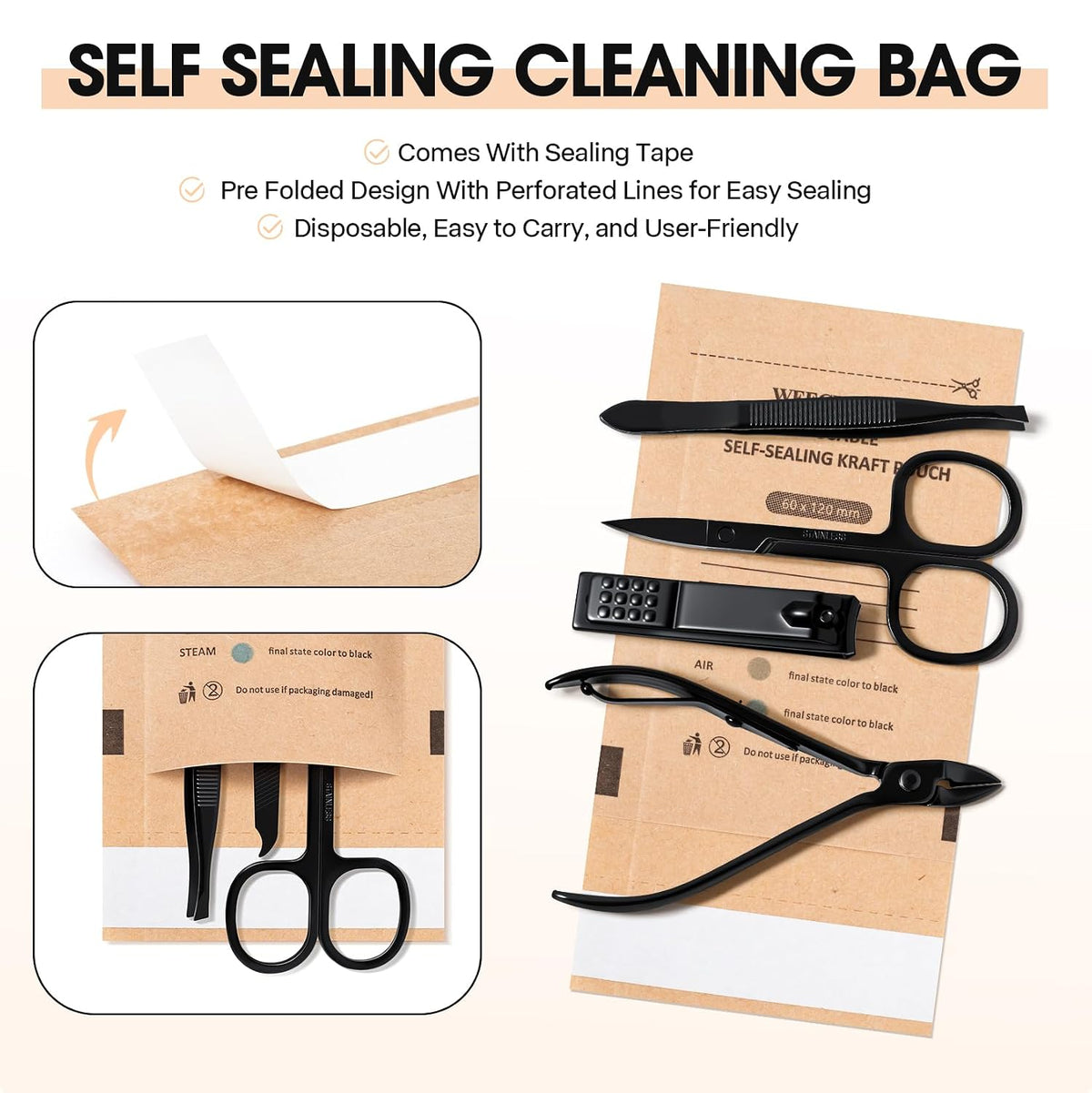 100Pcs Disposable Self-Sealing Cleaner Pouches for Nail Tool, Dry Heat Autoclave Nail Tools Cleaner Bags Kraft Paper Cleaning Bags for Dentist Tools and Nail Art Supplies (60Mm X 120Mm)