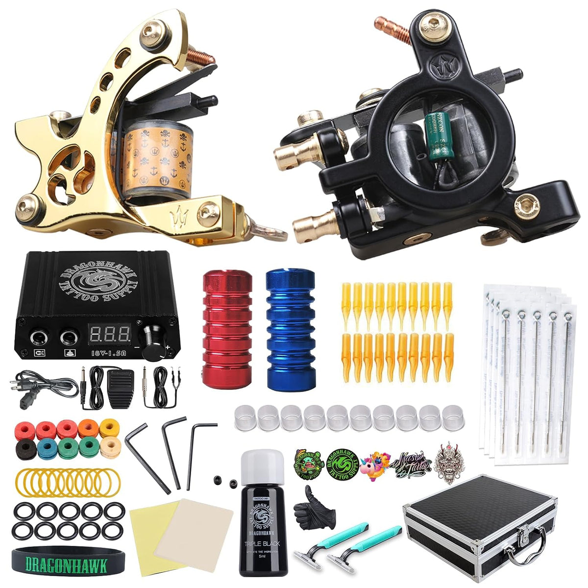 Complete Tattoo Kit for Beginners 2 Pro Tattoo Machine Tattoo Power Supply Kit Tattoo Inks 20 Tattoo Needles Tips Tattoo Supplies