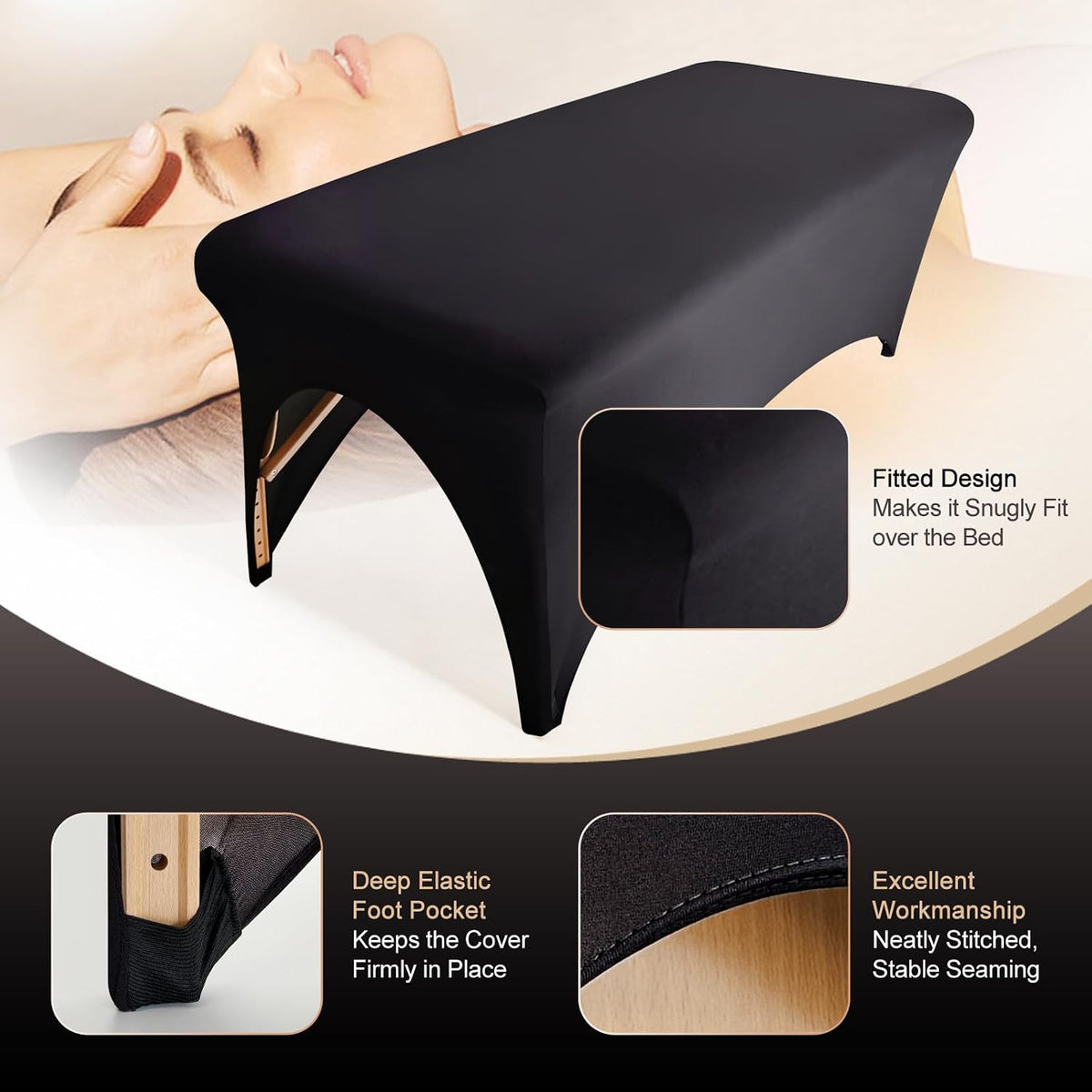 Spa Bed Cover Professional Lash Bed Cover Stretchy Massage Table Cover Beauty Bed Protective Topper, Excellent for Lash Extension, Spa, Massage, Beauty Salon, Wax, Tattoo Bed and Table (Black)