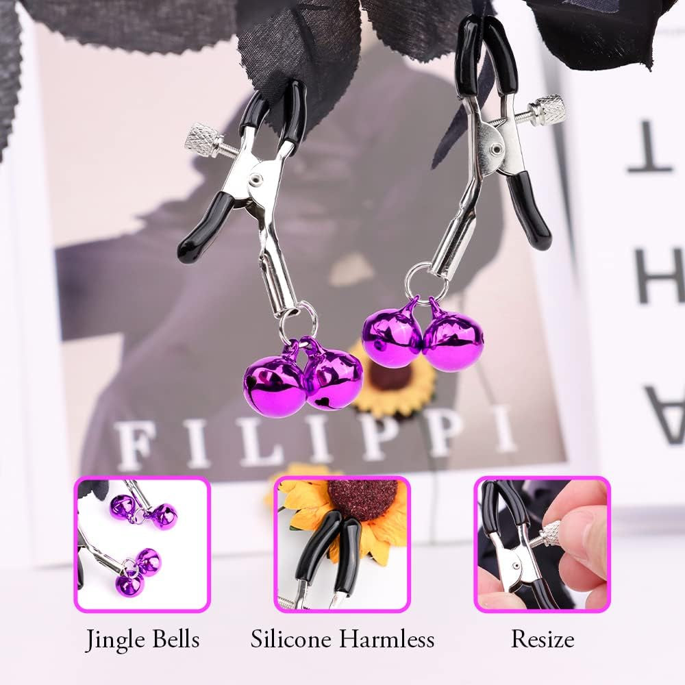 4PCS SM Bondage Set Sex Whip Adult Paddle Slap Leather Whip Flirting Feather Tickle and Bells Nipple Clamps for Adults Sex Games (Purple)