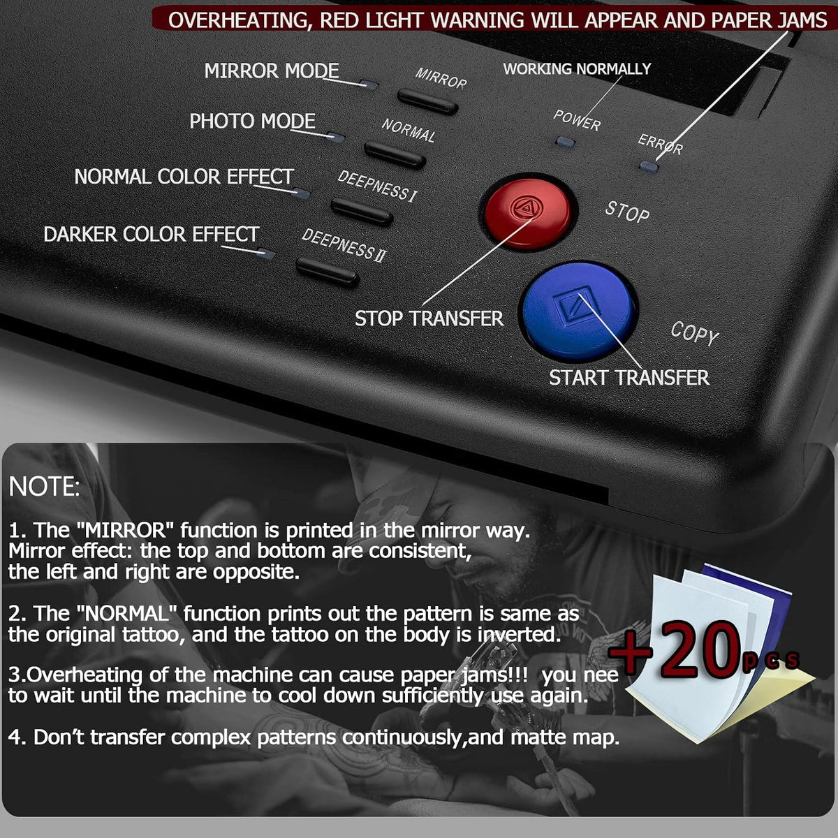 Tattoo Transfer Stencil Machine with 20 Thermal Tattoo Kit Copier Printer Tattoo Transfer Stencil Paper Tattoo Stencil Printer Machine for Tattoos Black Version