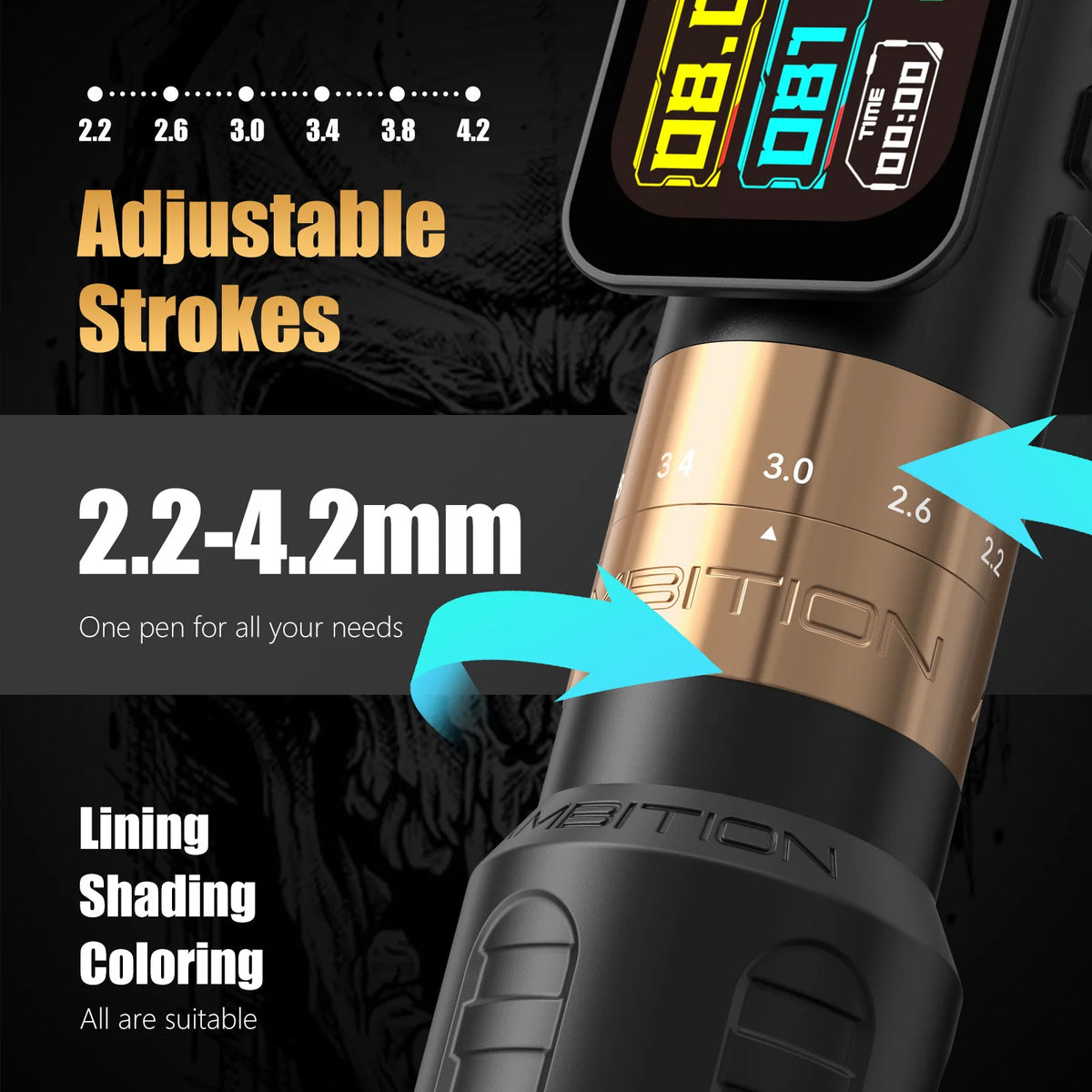 Seher Pro 2.2-4.2Mm Adjustable Stroke Tattoo Pen Wireless Tattoo Machine 2400Mah Battery Coreless Motor 42Mm+34Mm Grip