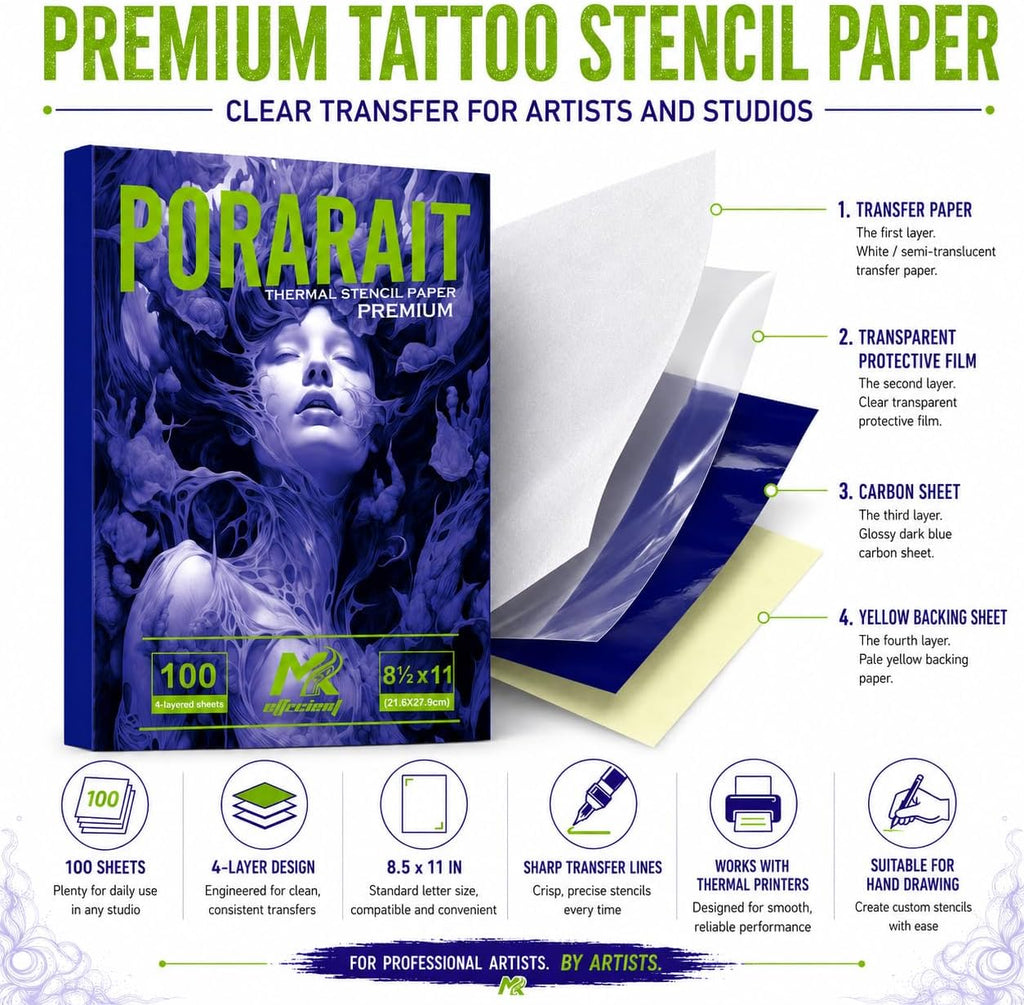 Tattoo Stencil Paper 100 Sheets, A4 4-Layer Thermal Transfer Sheets for Tattooing, Premium Carbon Tracing Supplies