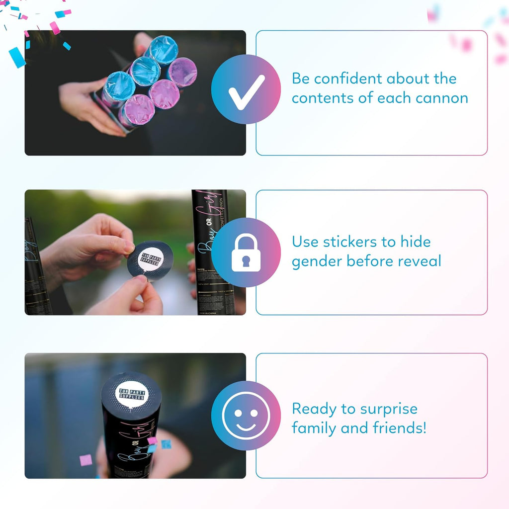 Gender Reveal Powder Cannons, Pink and Blue Smoke Bomb Poppers, 6-Pack