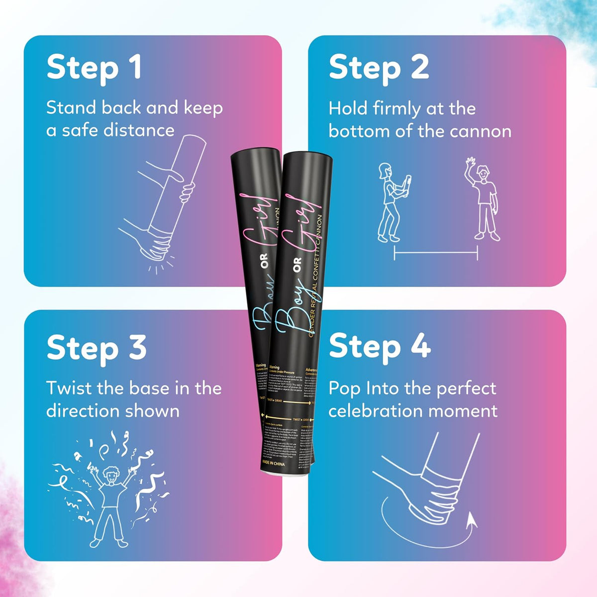Gender Reveal Powder Cannons, Pink and Blue Smoke Bomb Poppers, 6-Pack