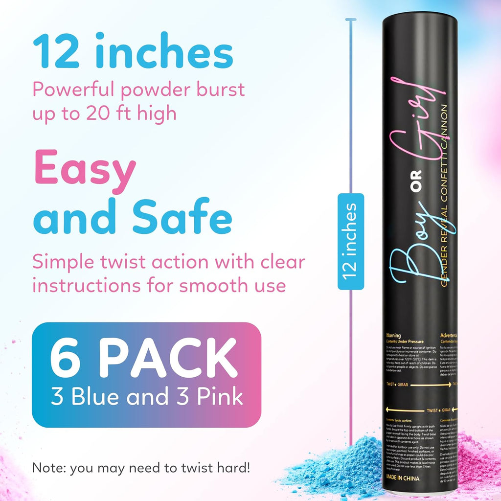 Gender Reveal Powder Cannons, Pink and Blue Smoke Bomb Poppers, 6-Pack