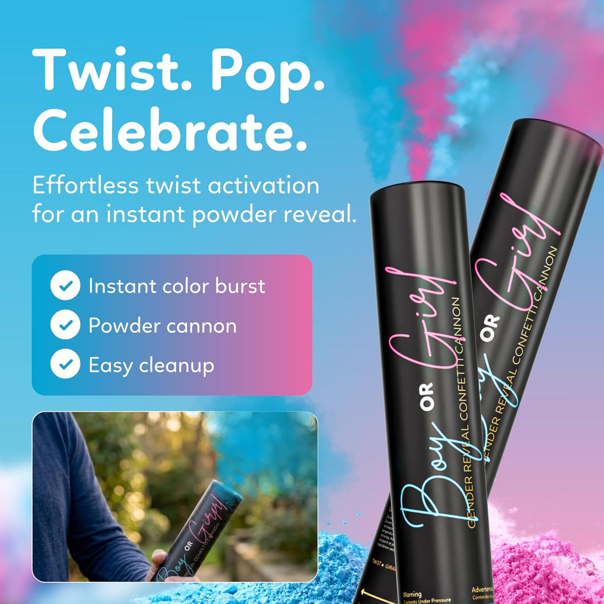 Gender Reveal Powder Cannons, Pink and Blue Smoke Bomb Poppers, 6-Pack