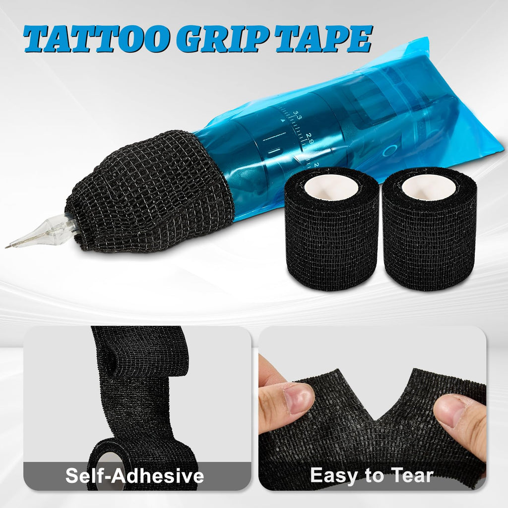 200Pcs Blue Tattoo Machine Covers & 4 Black Grip Tape, 7.2 X 2.5 Inch Disposable Professional Sealable Tattoo Pen Covers Supplies and Accessories
