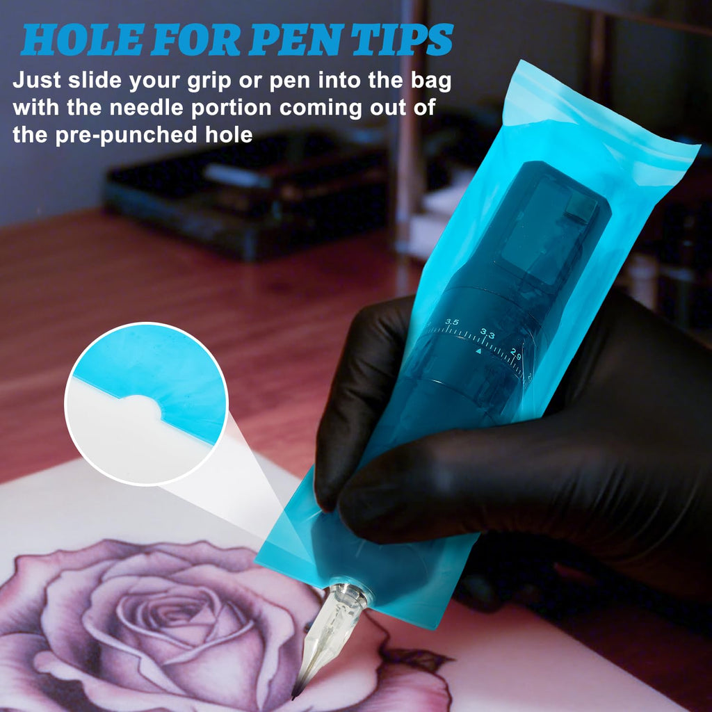 200Pcs Blue Tattoo Machine Covers & 4 Black Grip Tape, 7.2 X 2.5 Inch Disposable Professional Sealable Tattoo Pen Covers Supplies and Accessories