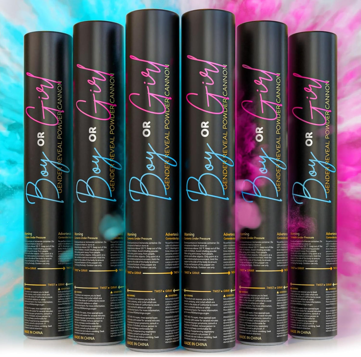 Gender Reveal Powder Cannons, Pink and Blue Smoke Bomb Poppers, 6-Pack