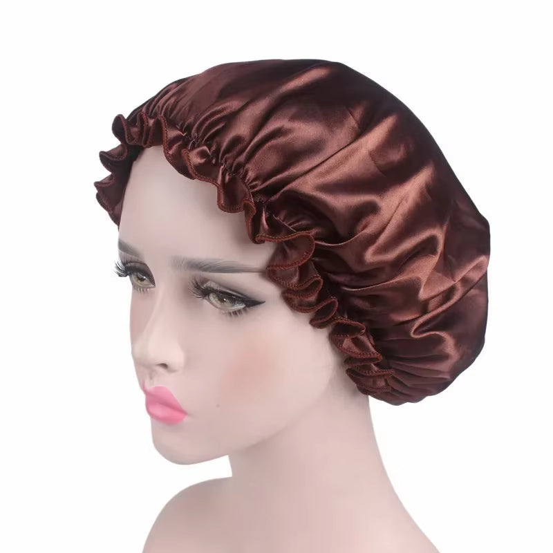 Satin Hair Cap Bonnet Night Sleep Cap Women Shower Cap Femme Silk Long Hair Cap Hat for Bath Unisex Hair Bonnets