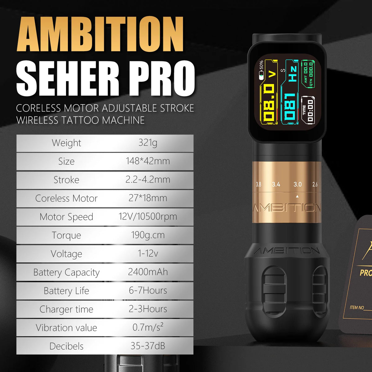 Seher Pro 2.2-4.2Mm Adjustable Stroke Tattoo Pen Wireless Tattoo Machine 2400Mah Battery Coreless Motor 42Mm+34Mm Grip