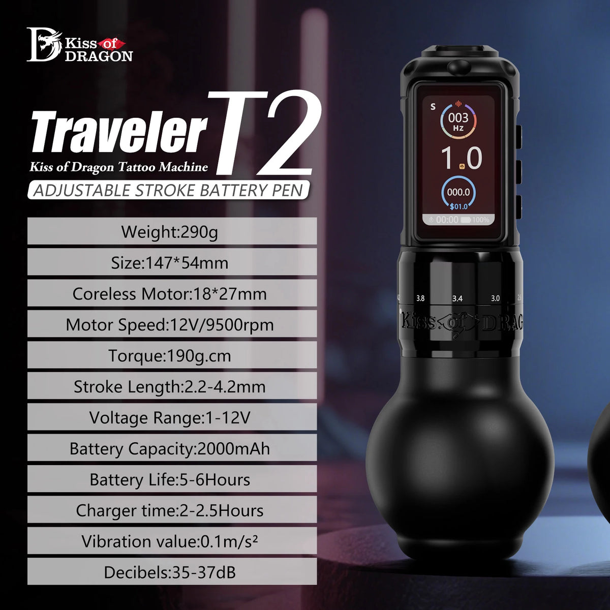 Traveler-T2 Adjustable Stroke 2.2-4.2Mm Wireless Tattoo Machine 54Mm+42Mm Grip with 2000Mah Battery Capacity Tattoo Pen