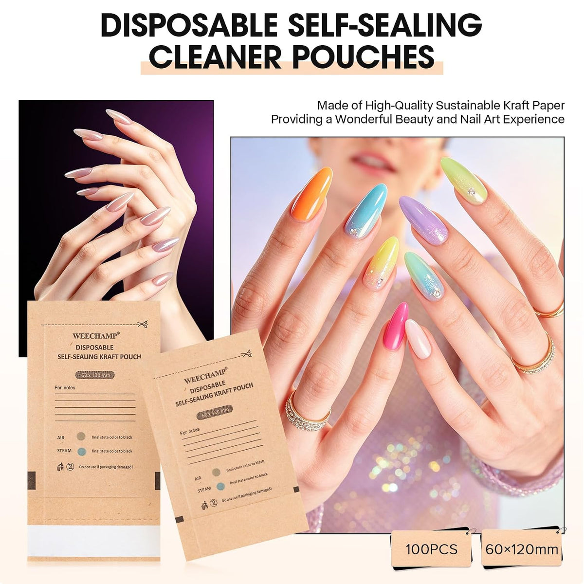 100Pcs Disposable Self-Sealing Cleaner Pouches for Nail Tool, Dry Heat Autoclave Nail Tools Cleaner Bags Kraft Paper Cleaning Bags for Dentist Tools and Nail Art Supplies (60Mm X 120Mm)