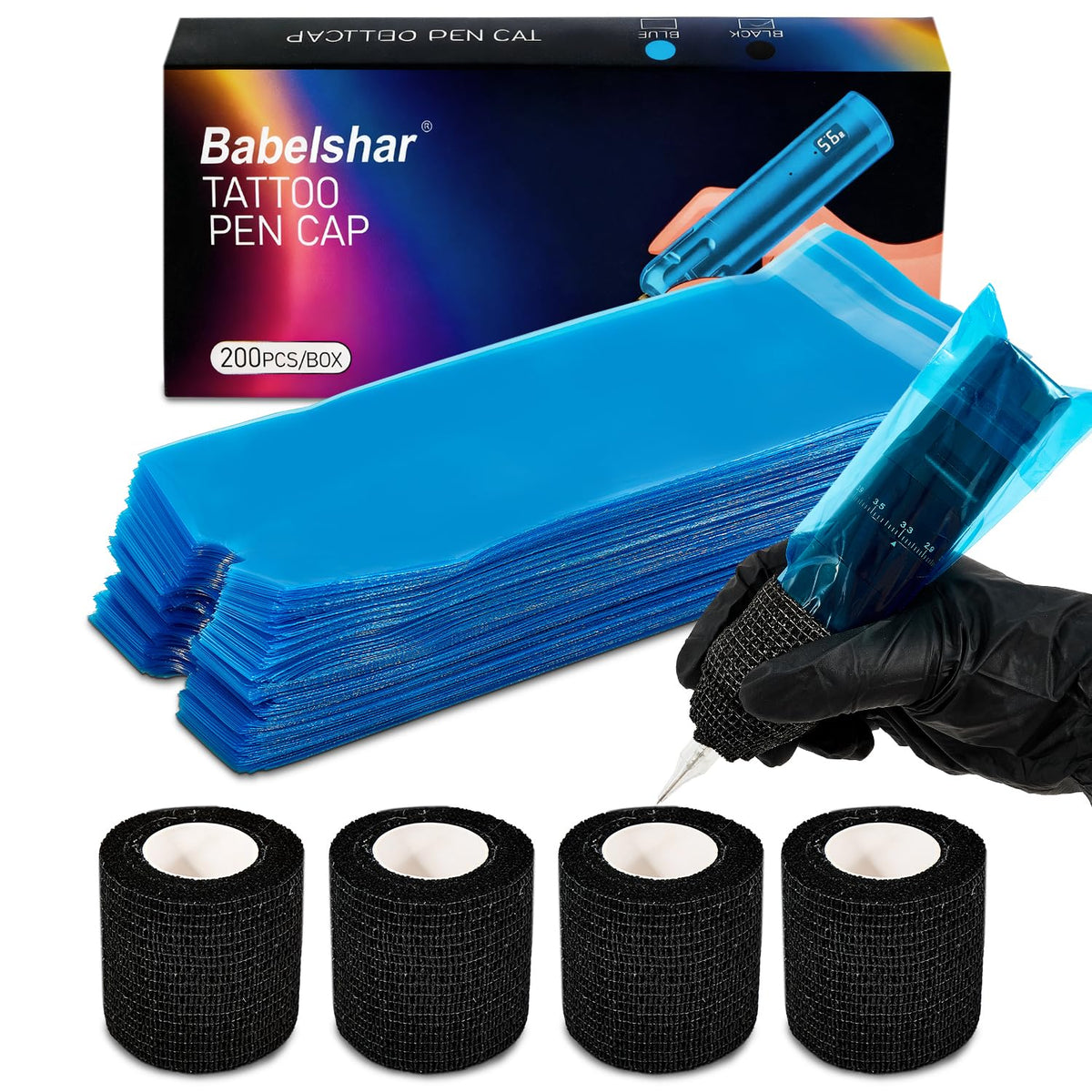 200Pcs Blue Tattoo Machine Covers & 4 Black Grip Tape, 7.2 X 2.5 Inch Disposable Professional Sealable Tattoo Pen Covers Supplies and Accessories