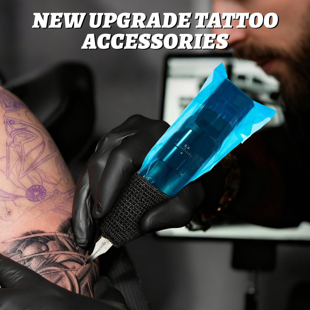 200Pcs Blue Tattoo Machine Covers & 4 Black Grip Tape, 7.2 X 2.5 Inch Disposable Professional Sealable Tattoo Pen Covers Supplies and Accessories